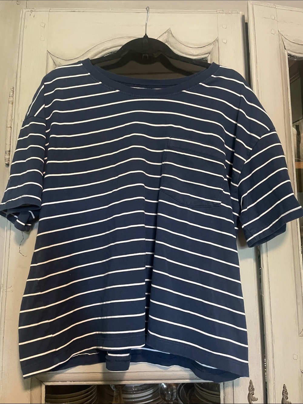Time and Tru Navy and White Striped Short Sleeve Pocket Tee